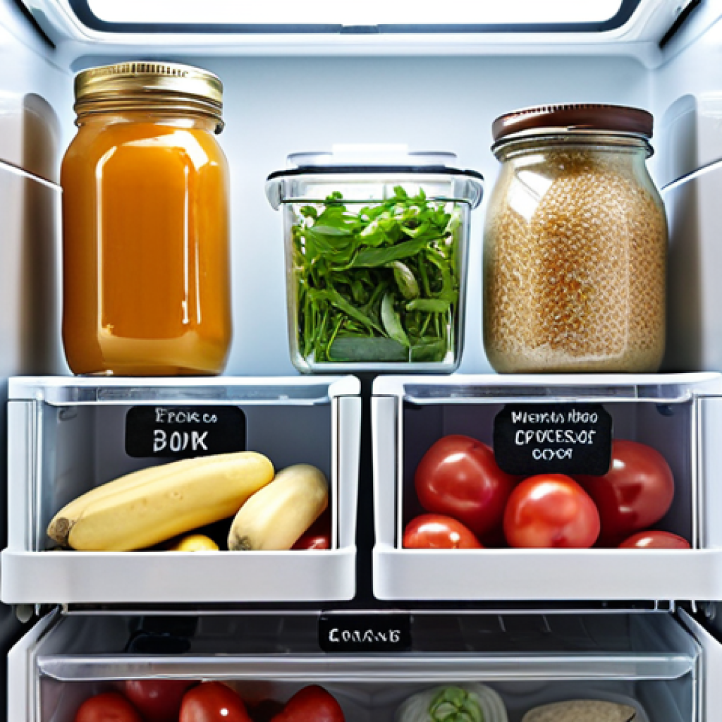A brightly lit, well-organized refrigerator with clear, labeled containers showcasing various food items. Focus on fresh produce in crisper drawers and frequently used condiments on the door. Highlight the concept of "visible storage."