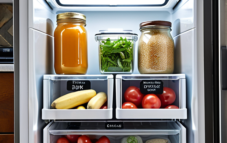 A brightly lit, well-organized refrigerator with clear, labeled containers showcasing various food items. Focus on fresh produce in crisper drawers and frequently used condiments on the door. Highlight the concept of "visible storage."